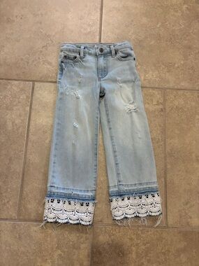 Tractr Light Blue Distressed Kids Jeans with White Lace Trim